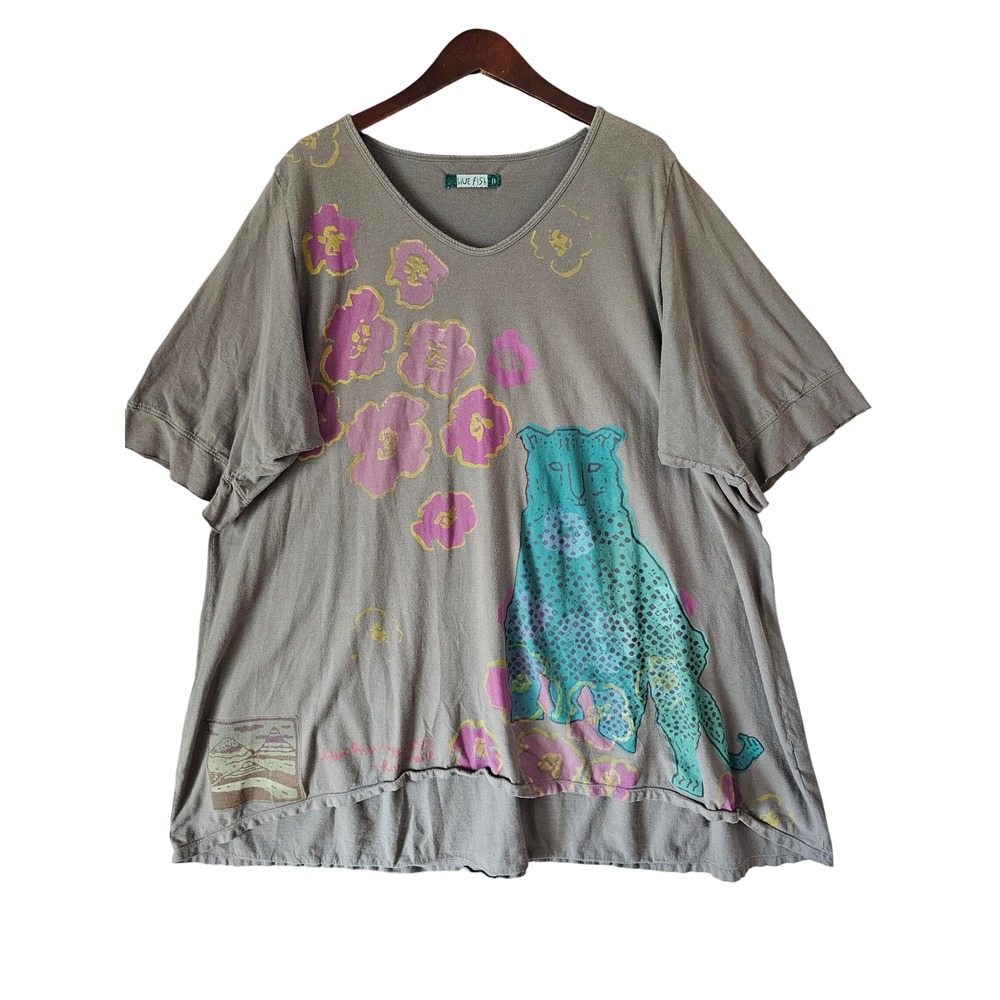 Blue Fish Grey Cotton Oversized Leopard Floral Graphic Tunic Top Back Tie Sz II